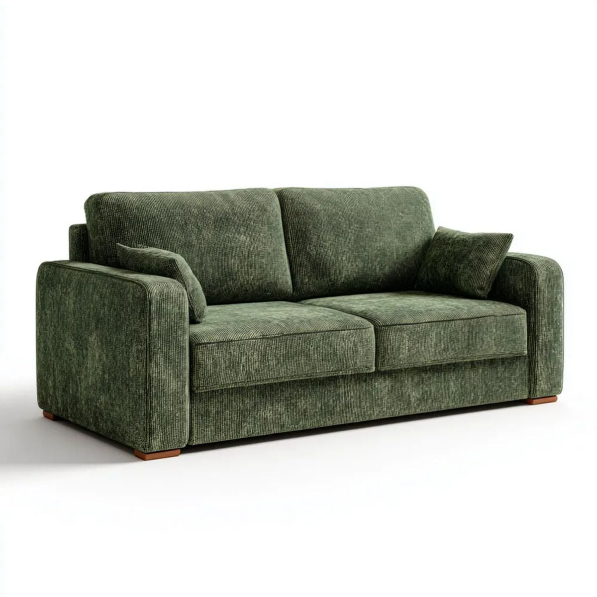 Sofa dwuosobowa zielona ze sztruksu poliestrowego z brązowymi drewnianymi nóżkami, 180 x 90 x 85 cm